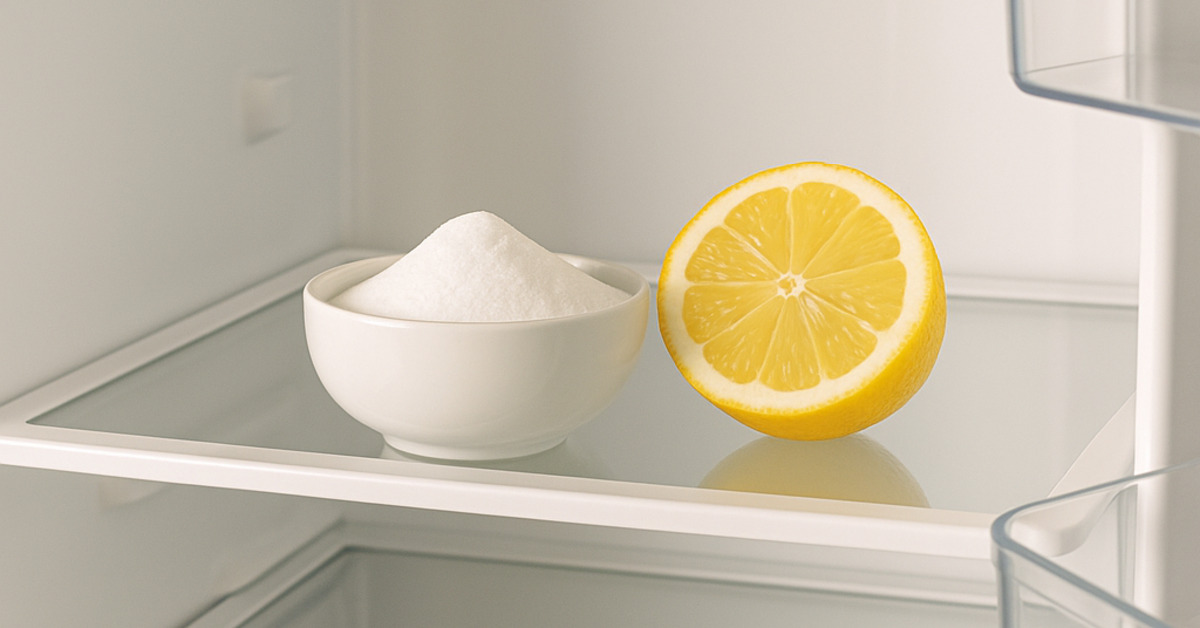 Otvorená chladnička s miskou sódy bikarbóny a plátkami citróna na poličke