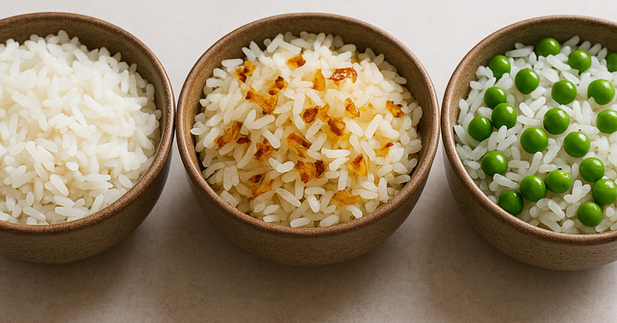 Tri druhy ryže: obyčajná dusená, s cibuľkou a s hráškom