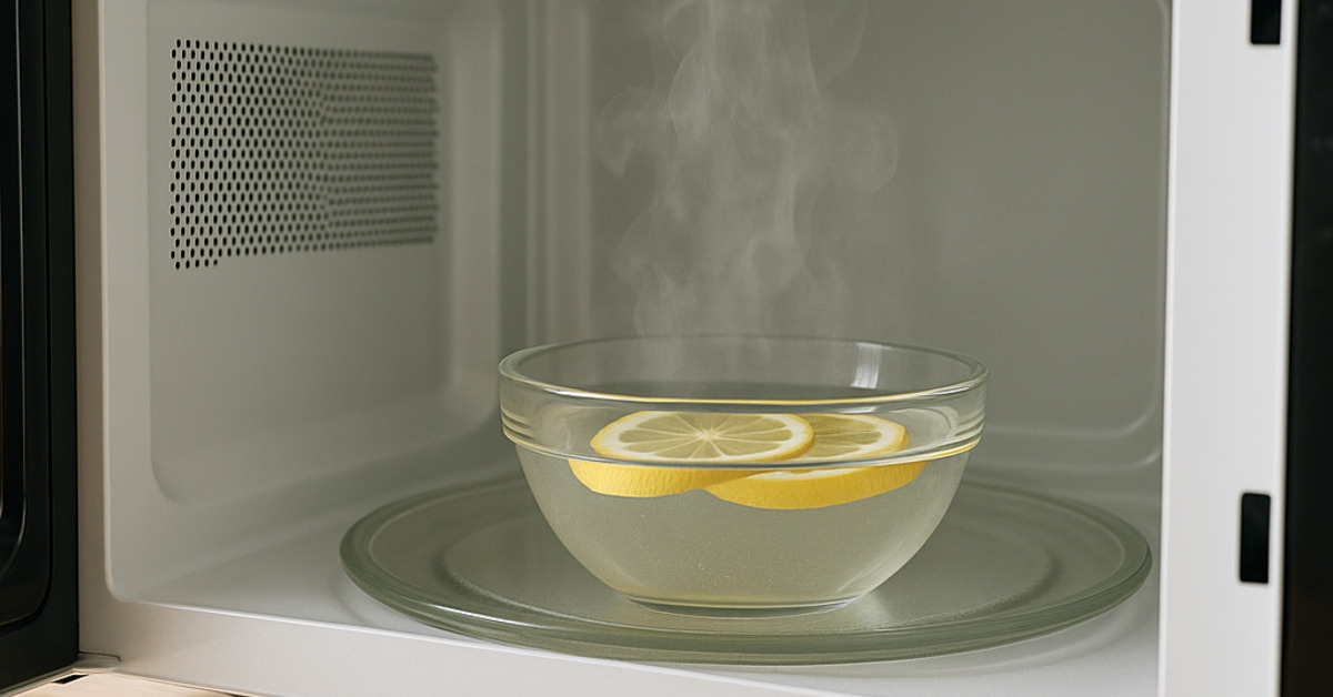 Mikrovlnka s miskou vody a plátkami citróna pripravená na parné čistenie