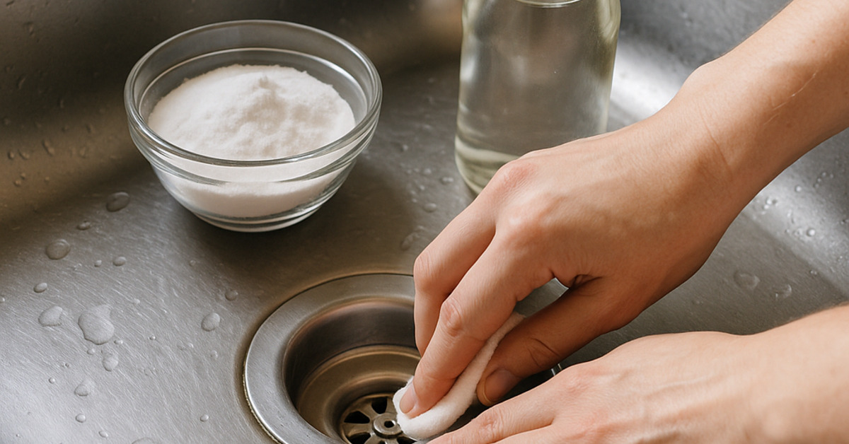 Ruky čistia nerezový kuchynský odtok, vedľa je sóda a ocot