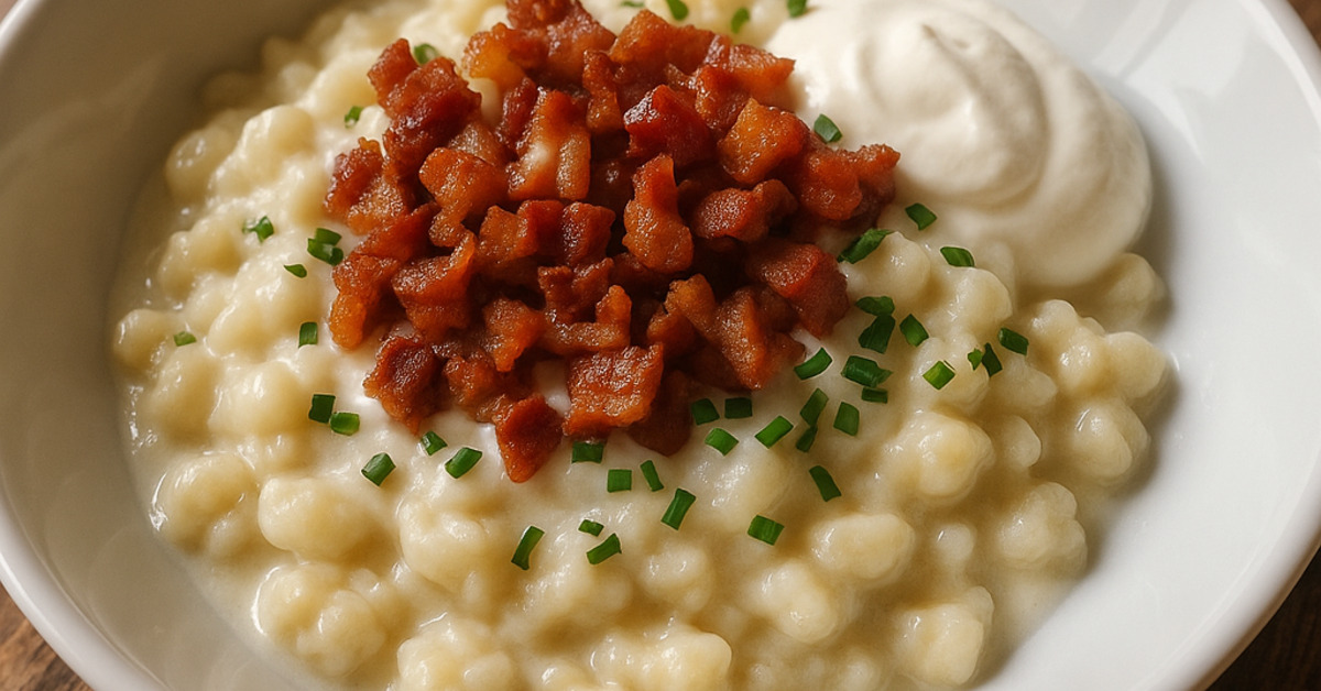 Domáce bryndzové halušky s bryndzou, slaninkou a pažítkou na rustikálnom drevenom stole