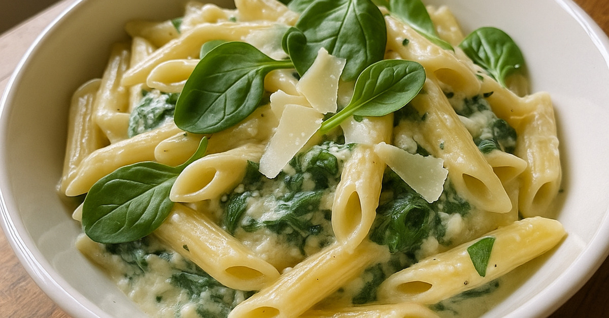 Krémové cestoviny so špenátom a ricottou na tanieri, posypané parmezánom