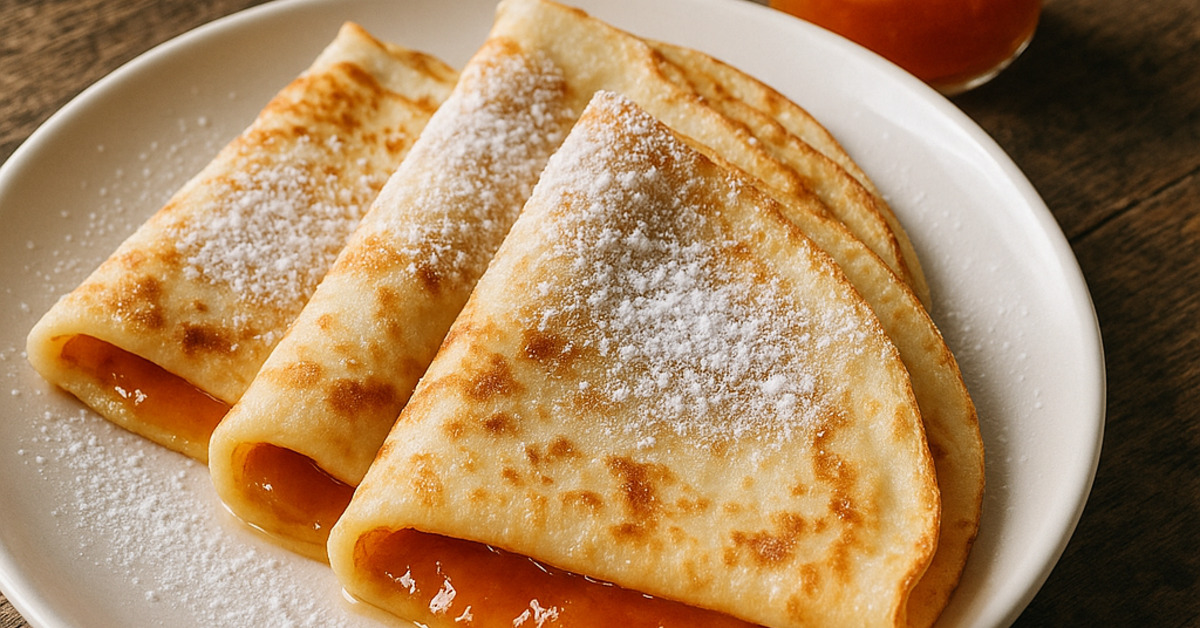 Domáce palacinky posypané práškovým cukrom s marhuľovým džemom na bielom tanieri