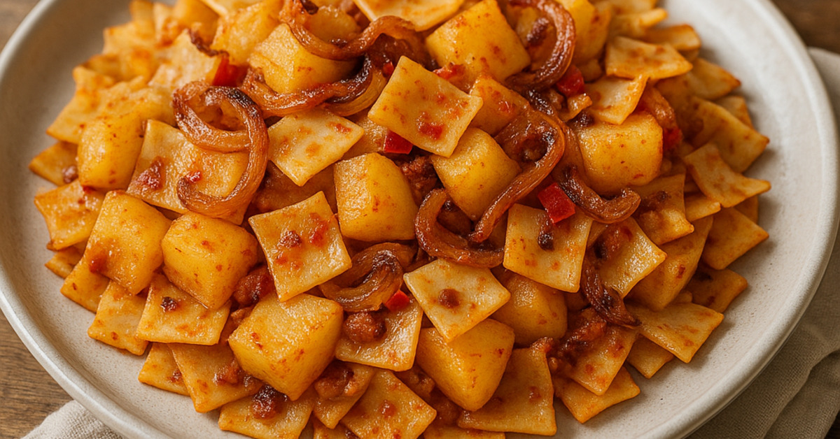 Granadír z fliačikov a zemiakov s cibuľou a paprikou