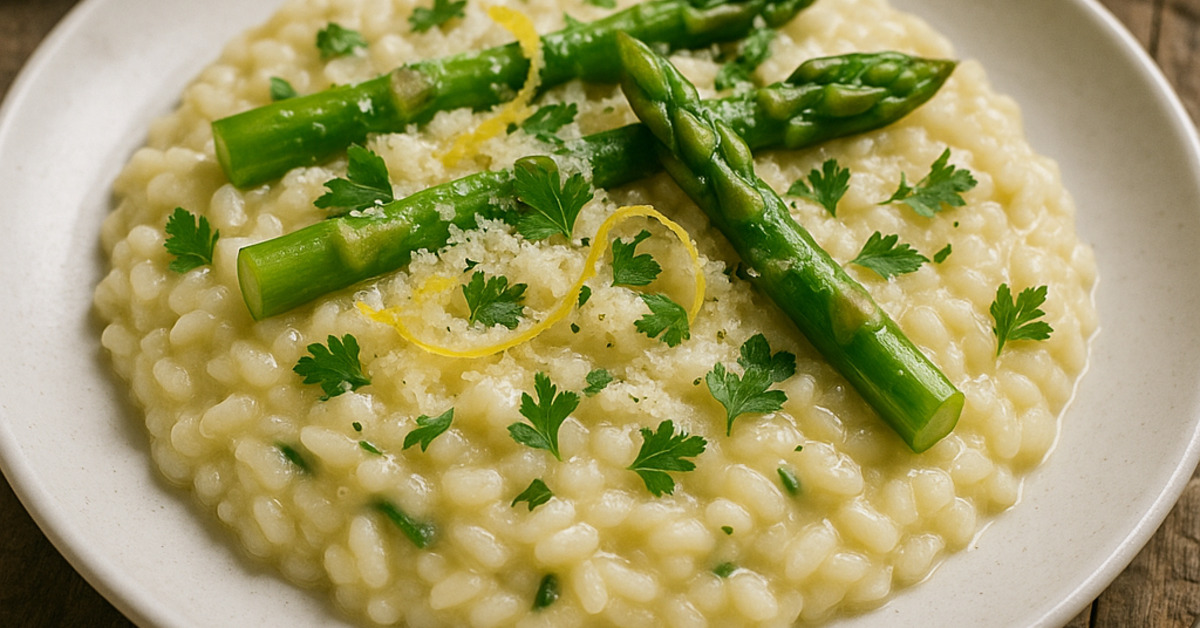 Jarné rizoto so špargľou a citrónom na bielom tanieri s parmezánom