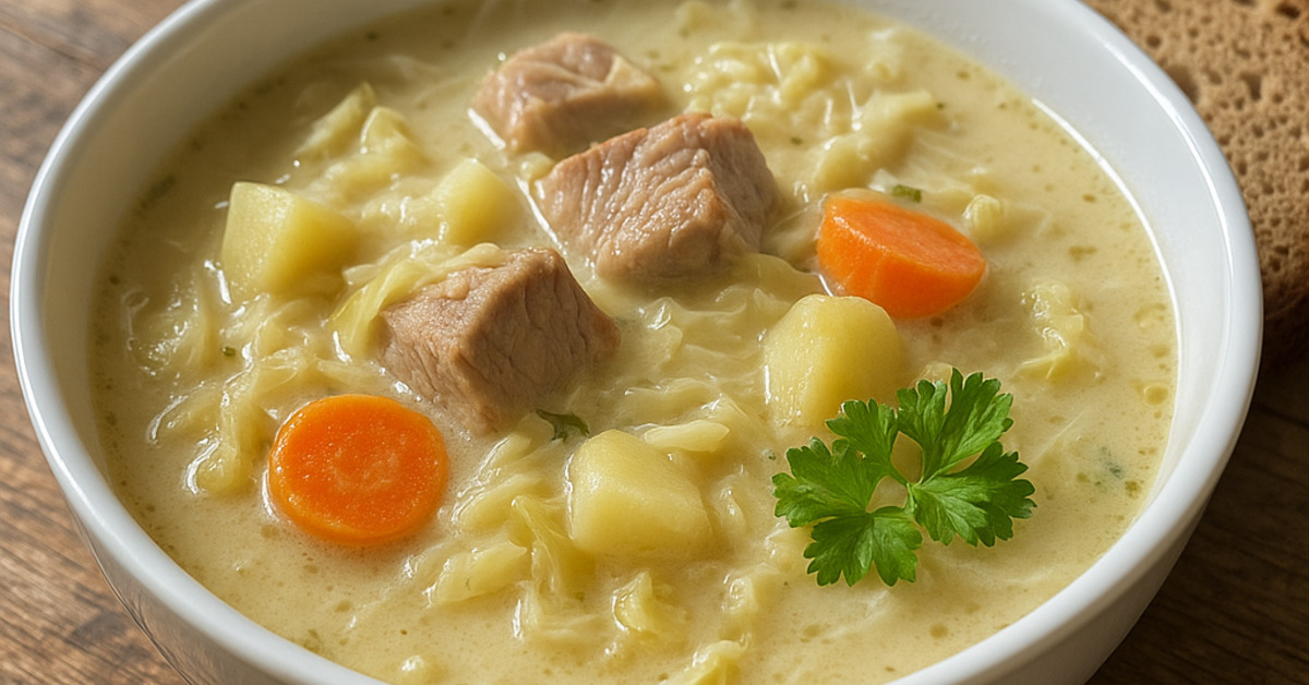 Kapustová polievka s bravčovým mäsom a zeleninou v bielej miske