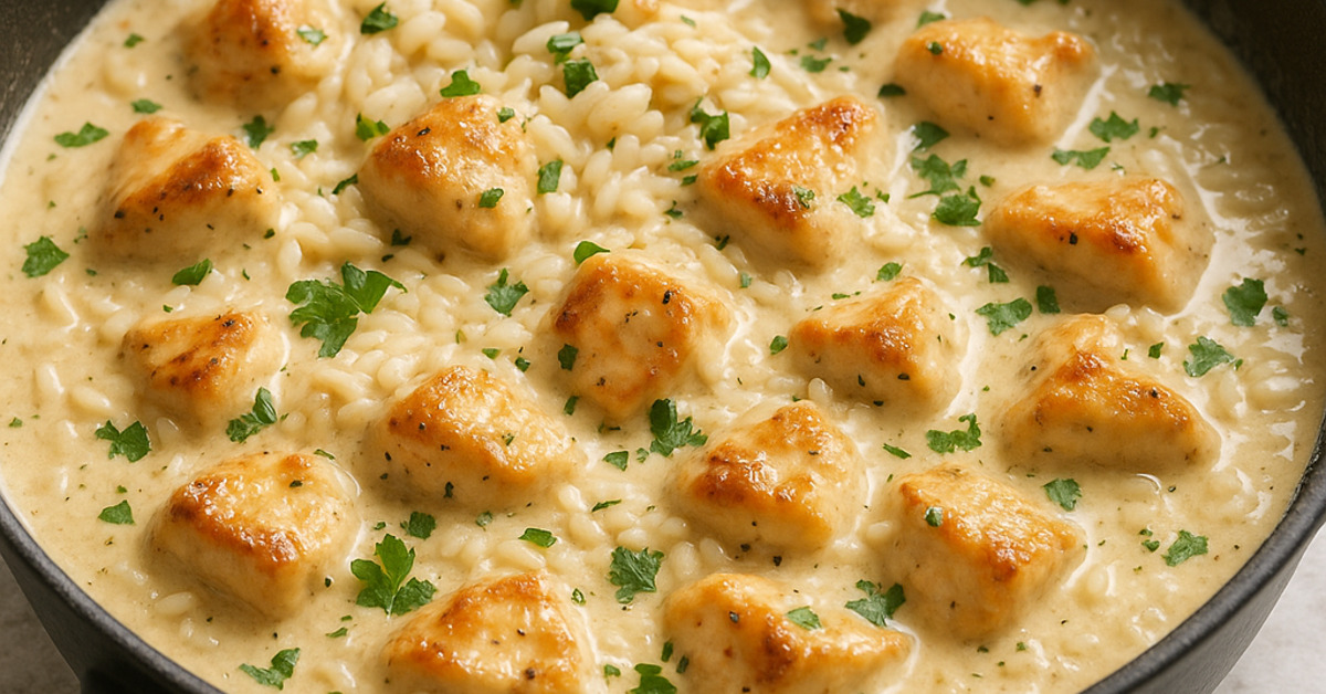 Krémové cesnakové kuracie kúsky s ryžou v panvici