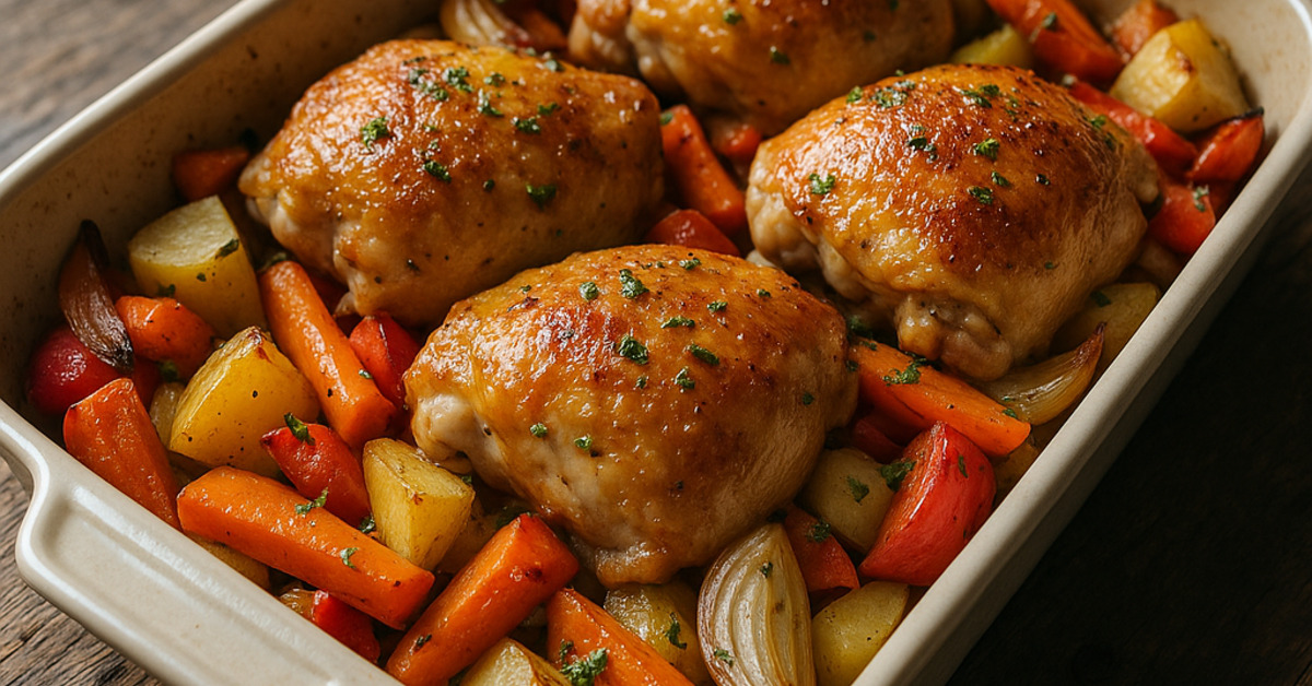 Pečené kuracie stehná na zelenine v pekáči na drevenom stole