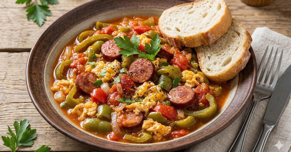 Lečo s klobásou a vajíčkami v miske