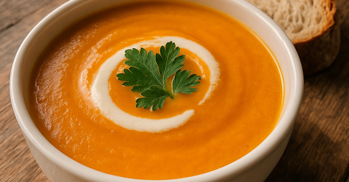 Mrkvová krémová polievka v miske na drevenom stole s chlebom
