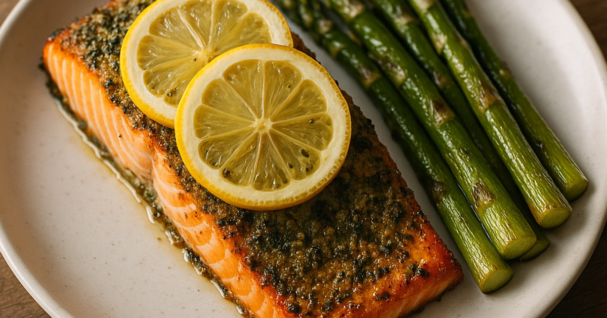 Pečený losos s bylinkovou krustou a citrónom, podávaný so špargľou