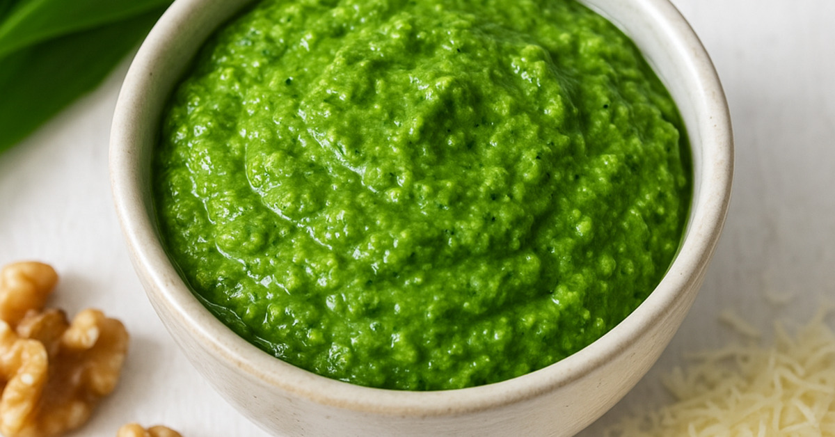 Domáce pesto z medvedieho cesnaku v miske