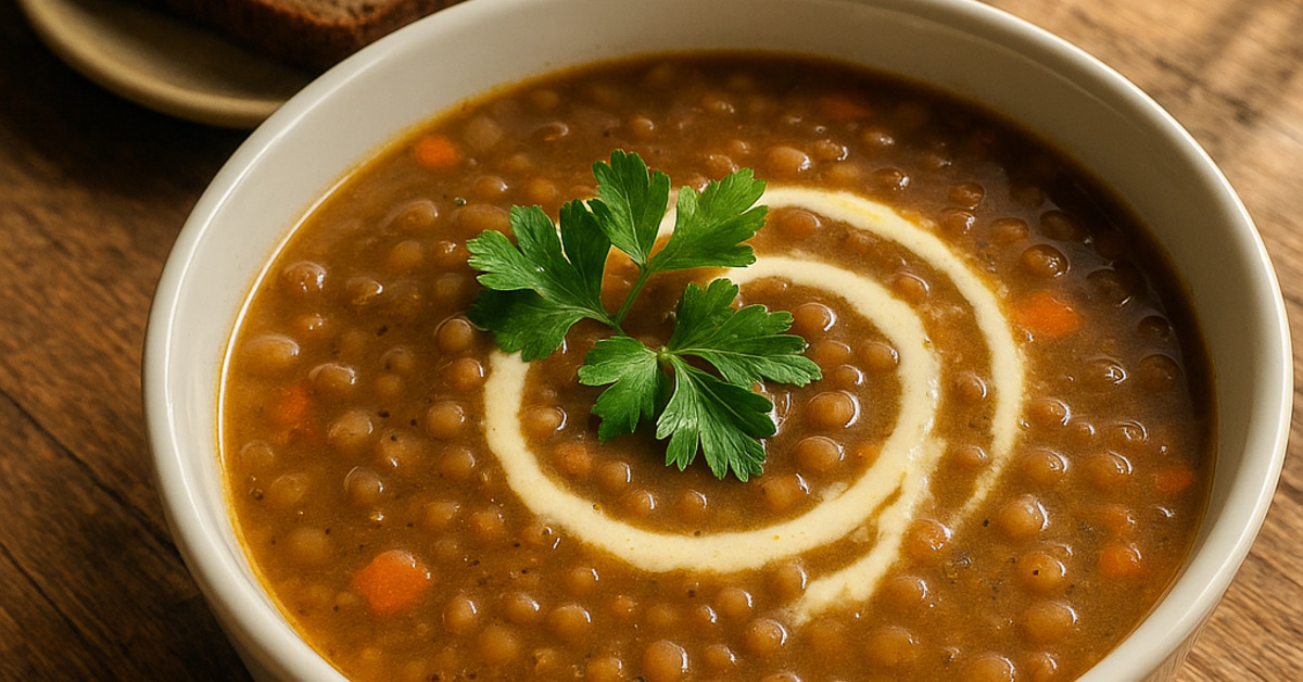 Šošovicová polievka so smotanou a petržlenovou vňaťou v bielej miske