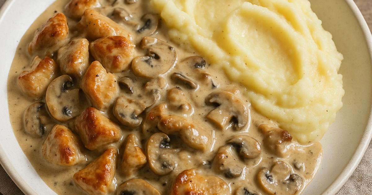 Šťavnaté kuracie soté s hubovou omáčkou a zemiakovou kašou