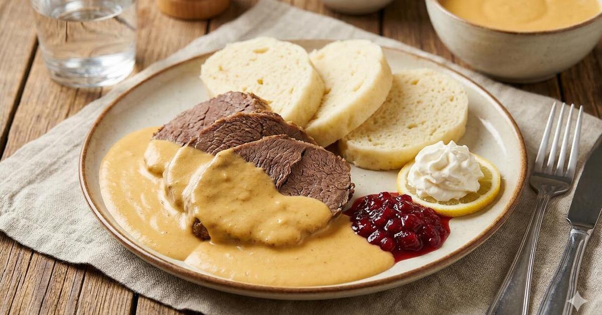 Sviečková na smotane s knedľou a brusnicami