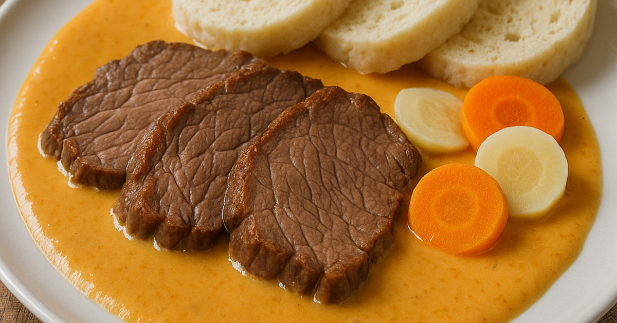 Sviečková na smotane s hovädzím mäsom a knedľou na tanieri