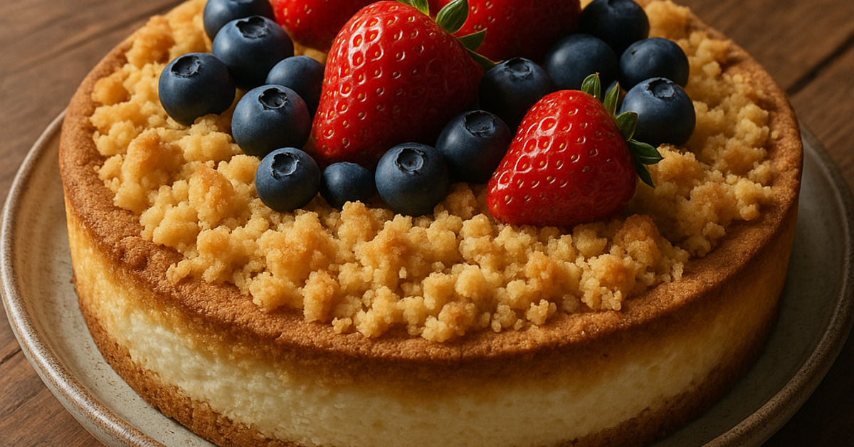 Domáci tvarohový koláč s ovocím a mrveničkou na keramickom tanieri