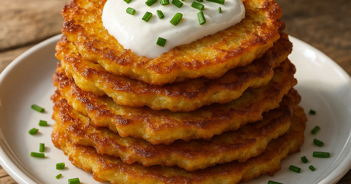 Domáce zemiakové placky s kyslou smotanou a pažítkou na bielom tanieri